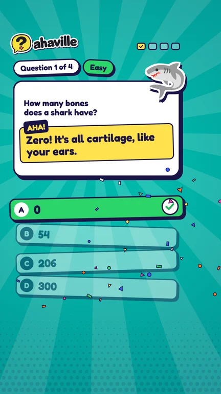 The answer, zero, highlighted in green with a fun fact about shark cartilage